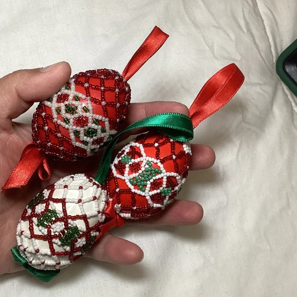 Set of 3 Hand Beaded Christmas Egg Ornaments Red White Green Lattice Design